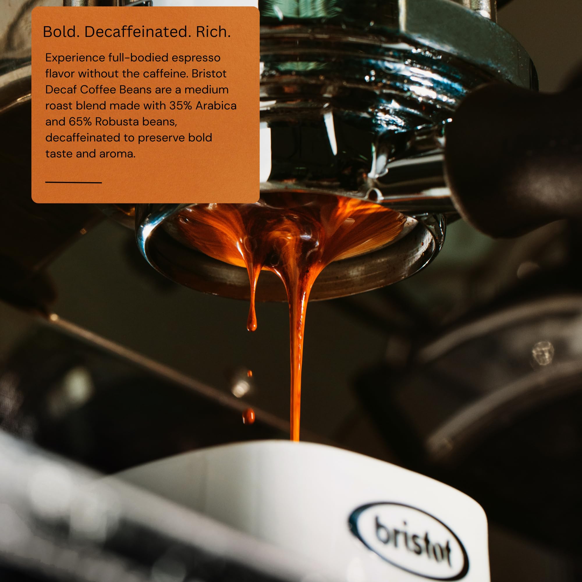 Bristot decaf 500g bag next to ruler illustrating size and serving value