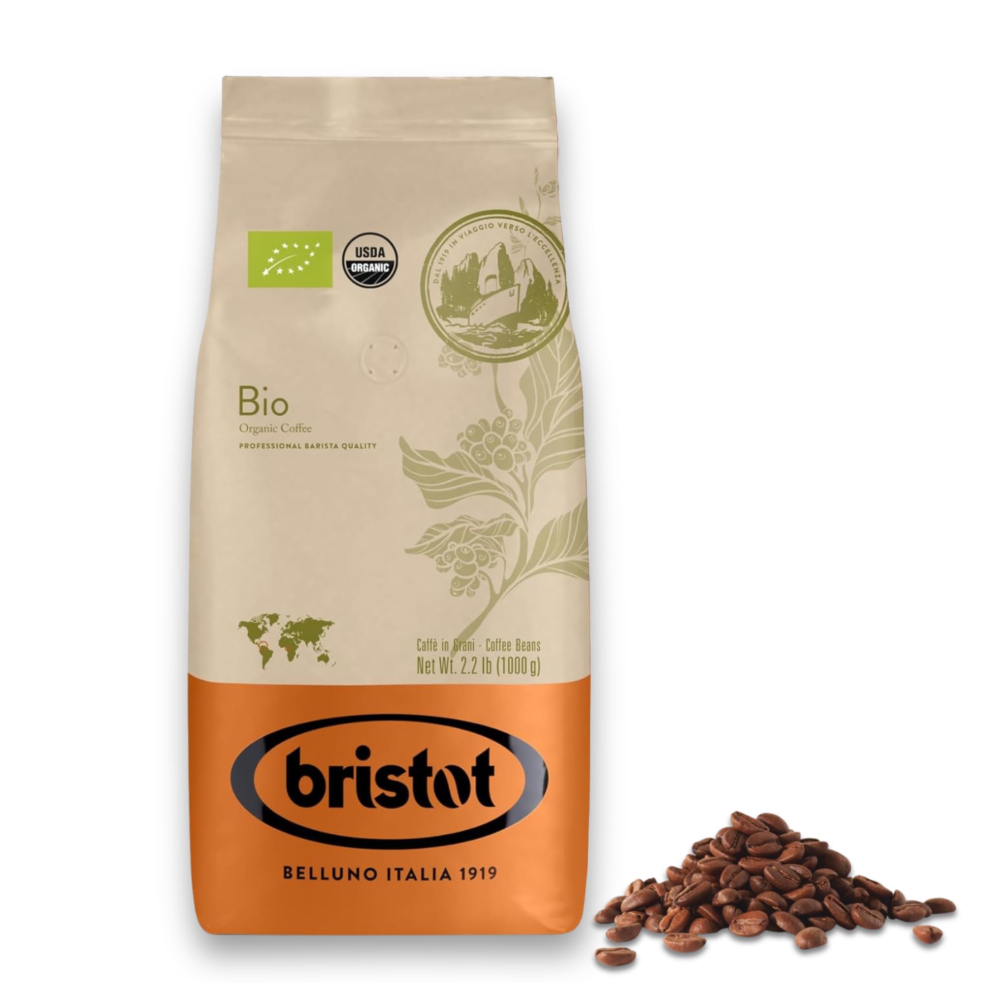 Bristot front packaging 1kg showing organic Italian espresso benefits