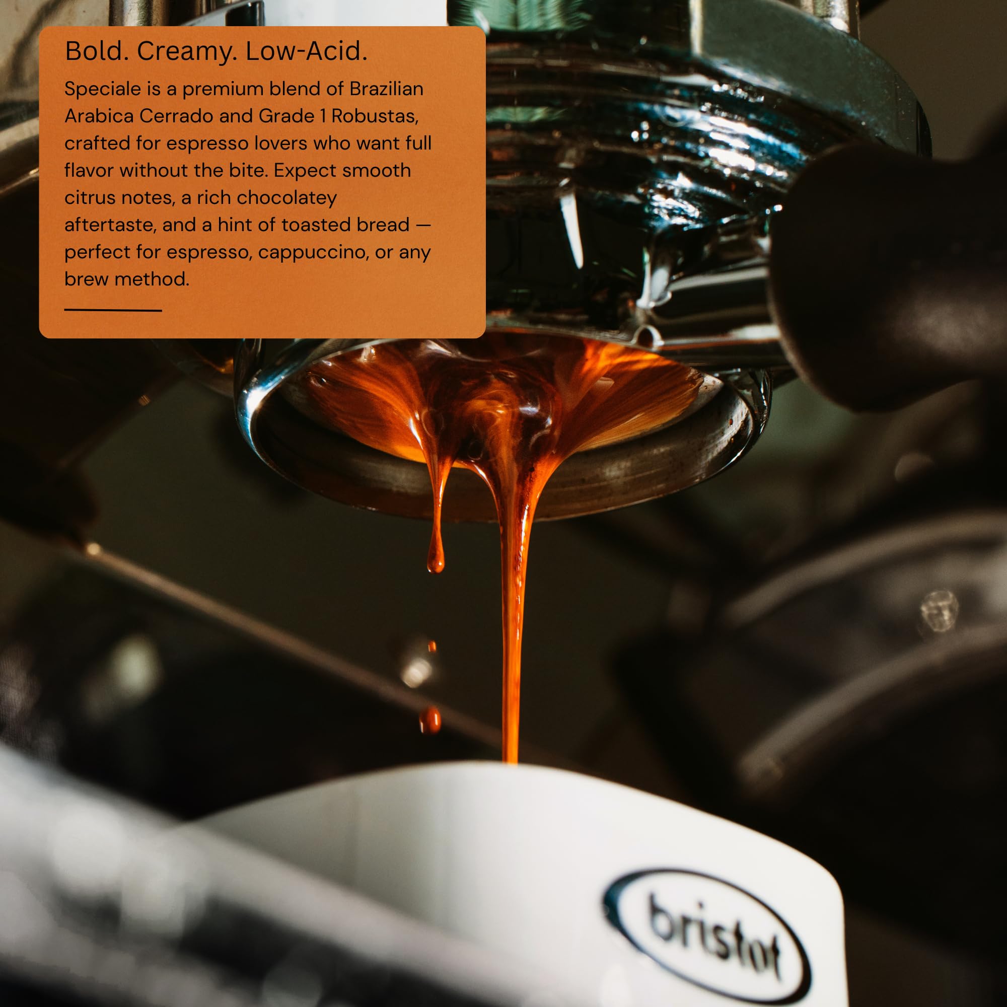 Bristot Speciale espresso shot and cappuccino in kitchen setting, enjoyable taste