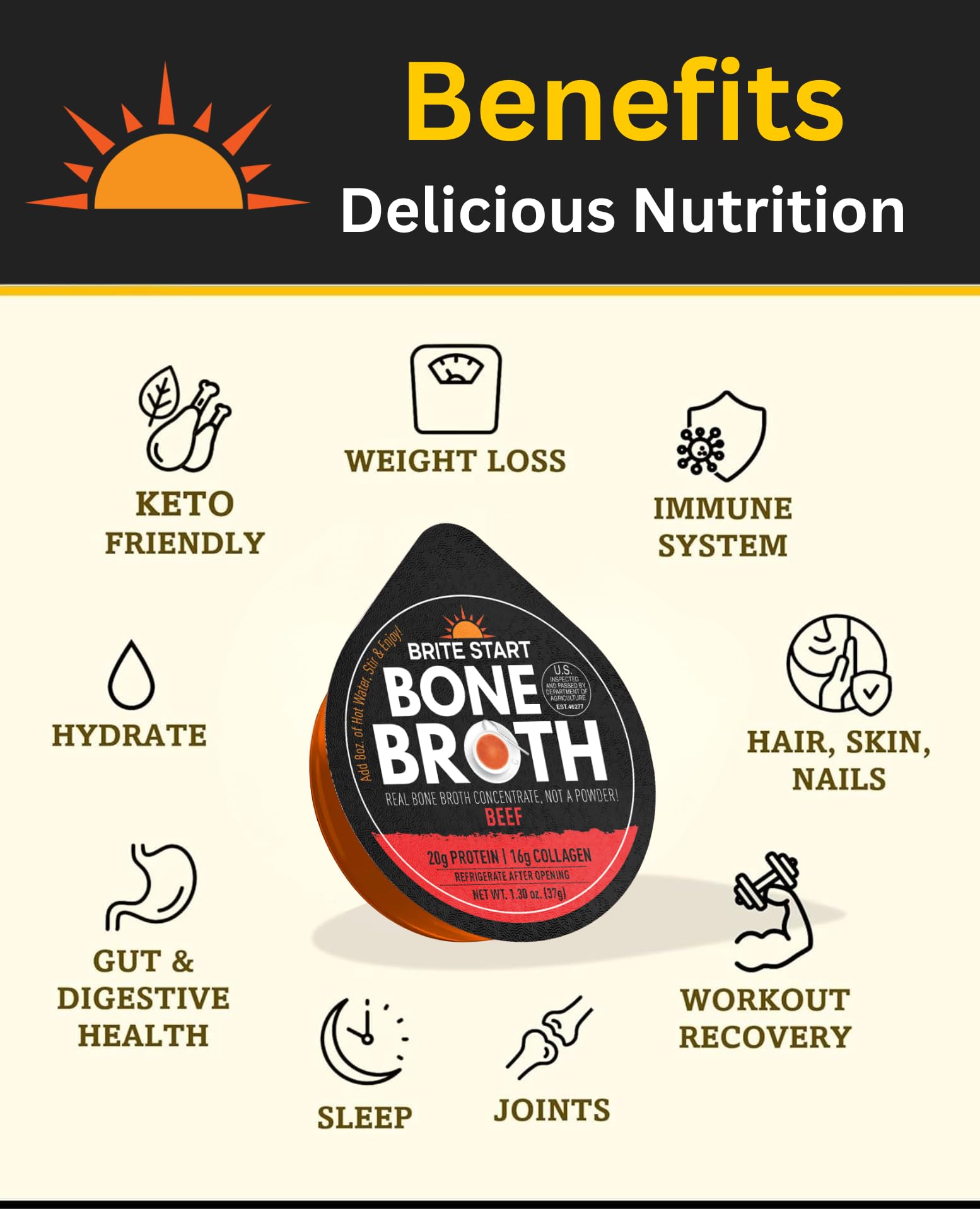 Close-up of Brite Start beef broth texture highlighting collagen-rich, savory appearance