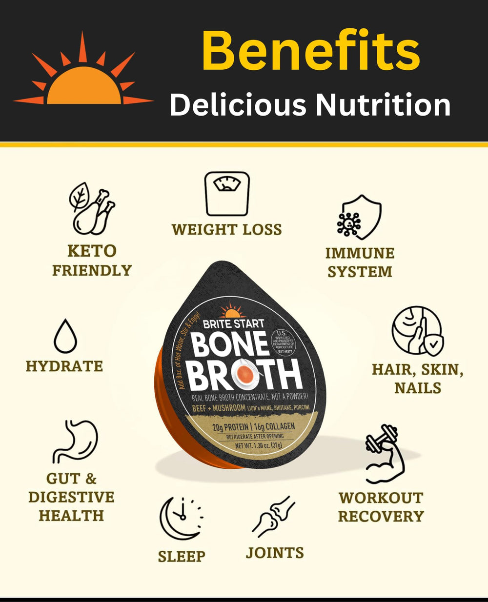 Brite Start steaming cup of reconstituted broth demonstrating warmth and satisfying savory flavor
