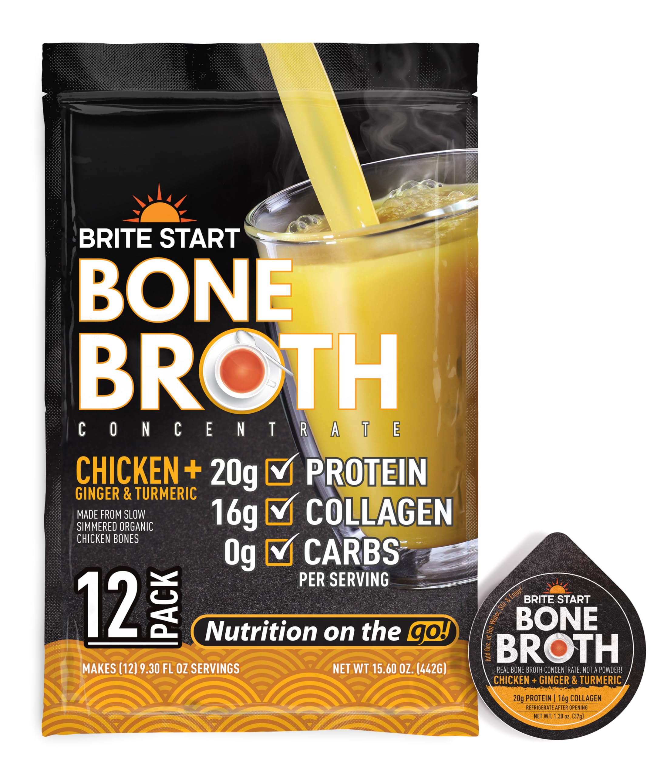 Brite Start front packaging showing chicken ginger turmeric single-serve benefit convenience