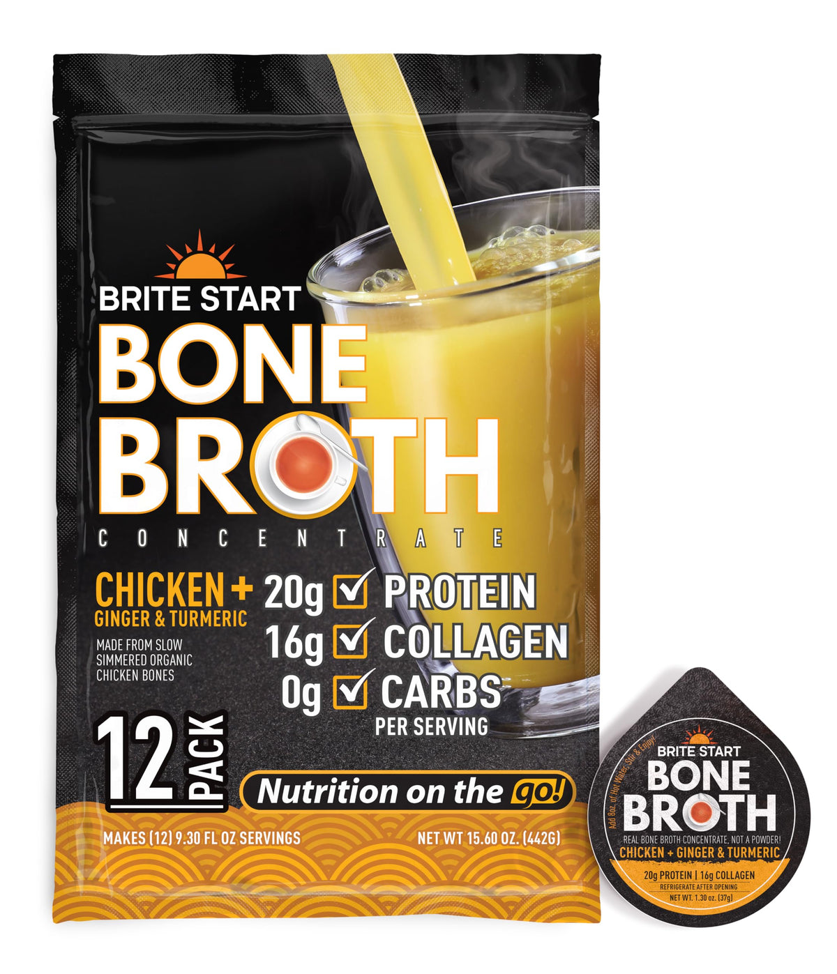 Brite Start front packaging showing chicken ginger turmeric single-serve benefit convenience
