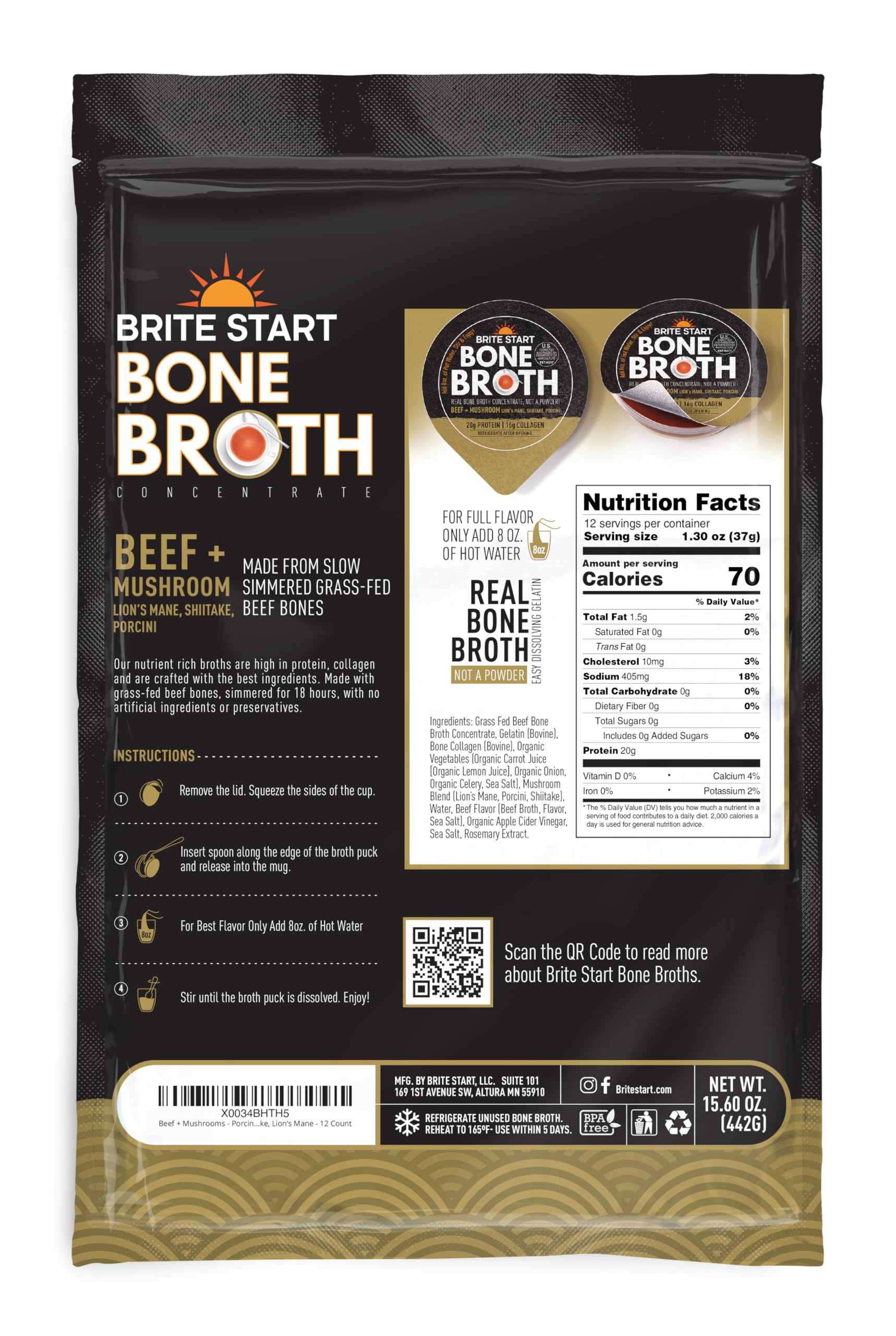 Brite Start close-up of broth texture highlighting mushrooms and rich collagen