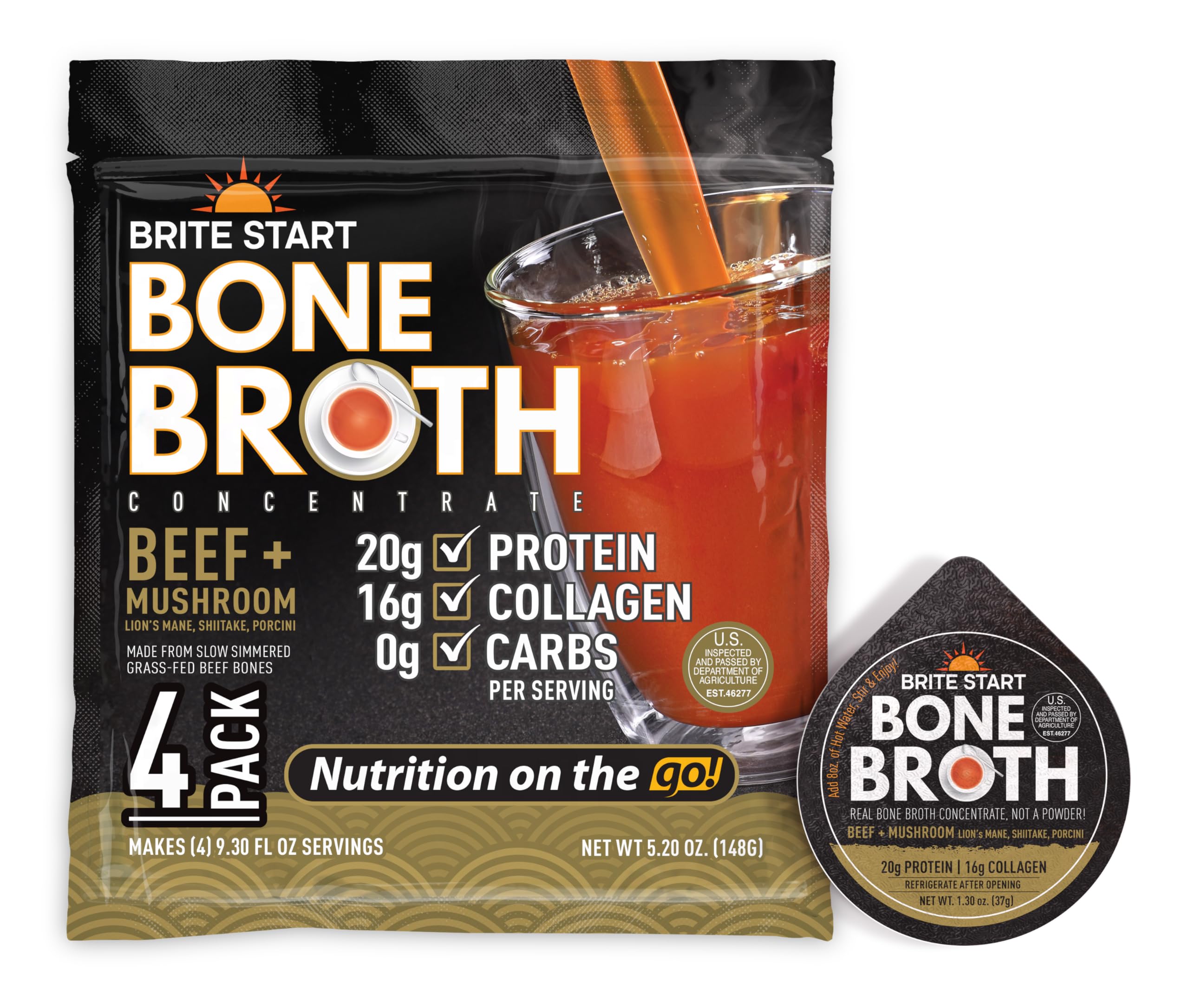 Brite Start front packaging showing beef mushroom single-serve packets and branding benefit convenience
