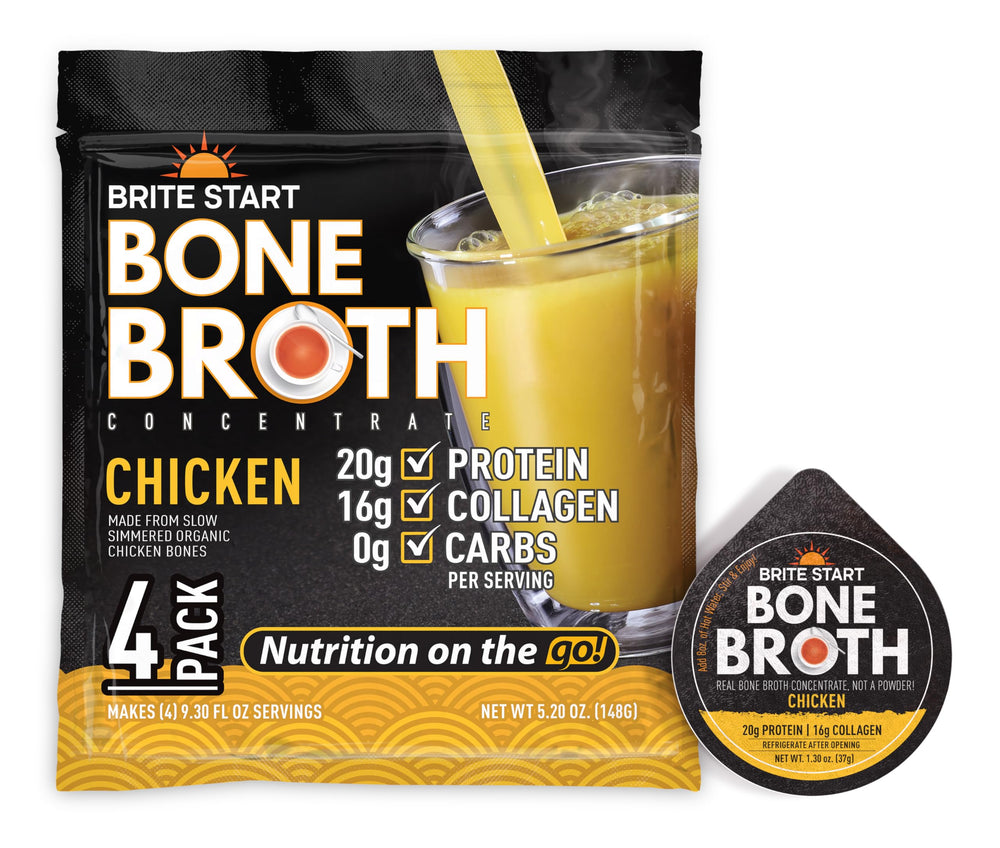 Brite Start front packaging showing chicken bone broth packets and benefits