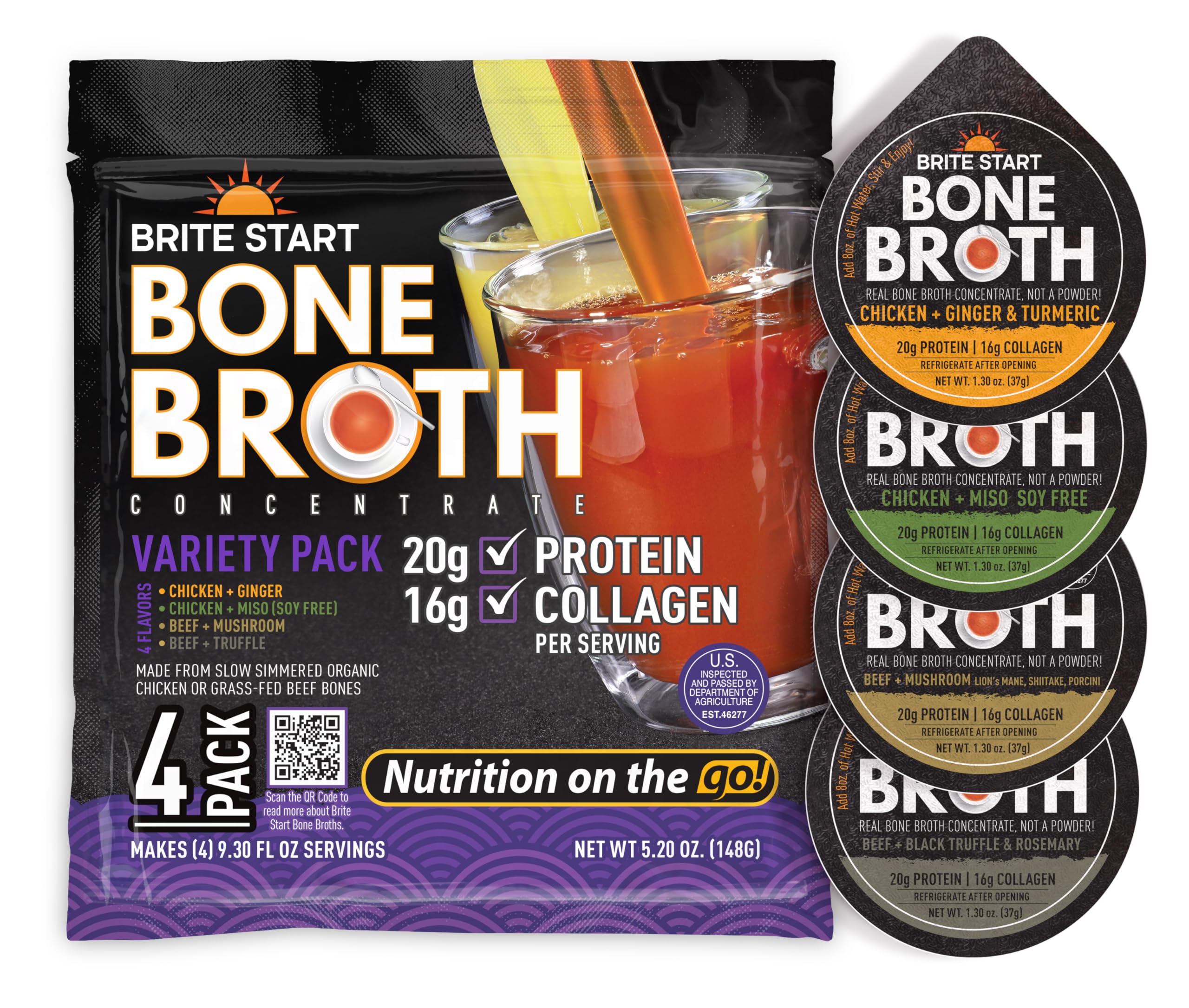 Brite Start front packaging showing four single‑serve broth packets and variety labels for convenience