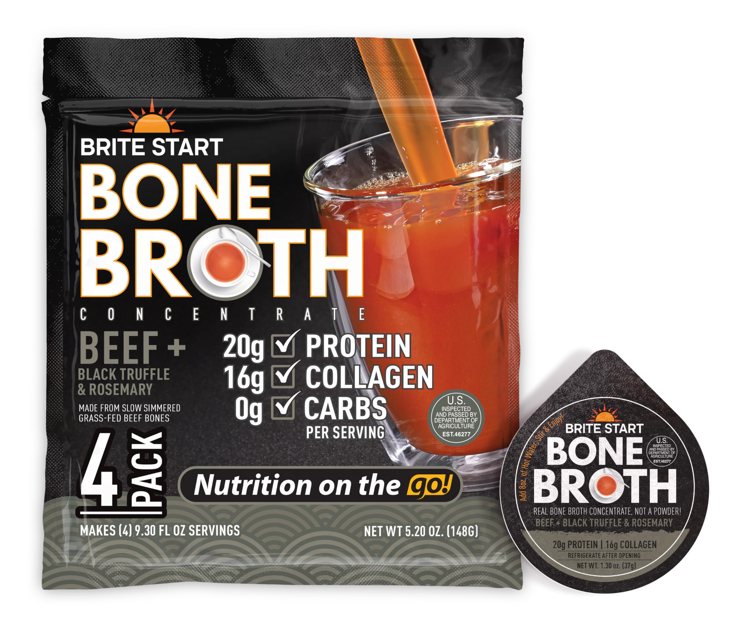 Brite Start front packaging showing four single-serve beef bone broth packets and brand label