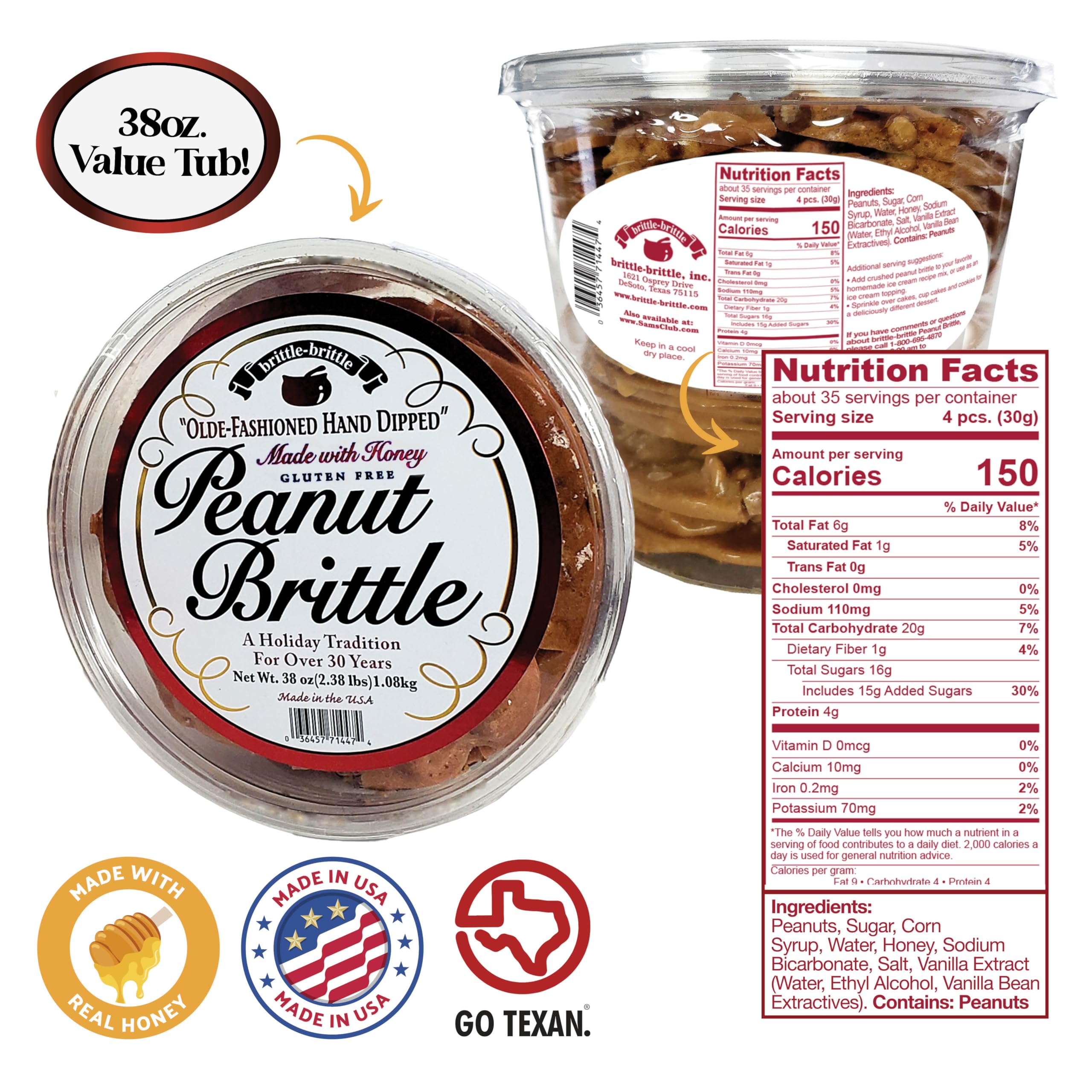 Brittle-Brittle open 38 oz container revealing generous quantity for sharing and storage