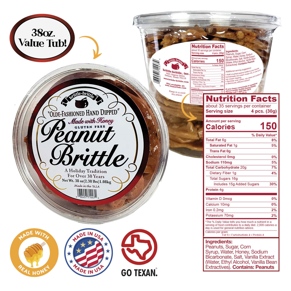 Brittle-Brittle open 38 oz container revealing generous quantity for sharing and storage