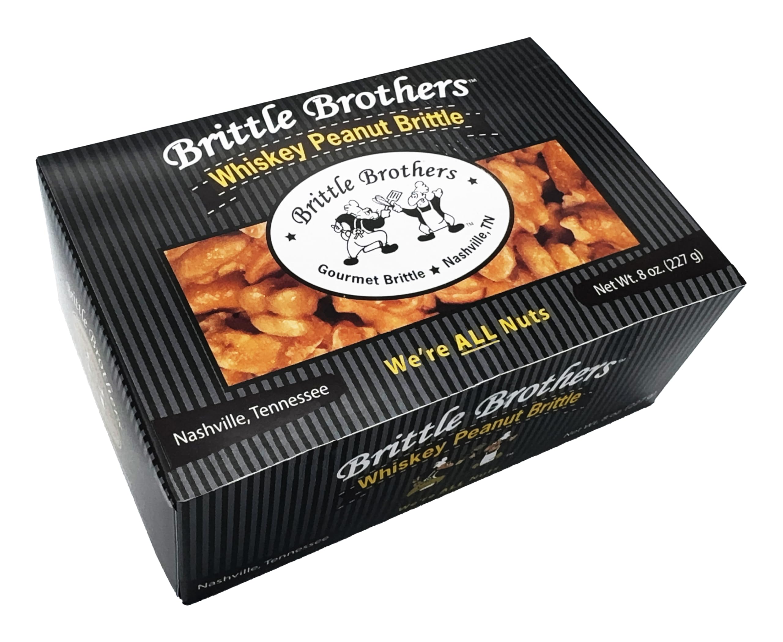 Brittle Brothers front packaging showing whiskey peanut brittle and gift-ready appeal