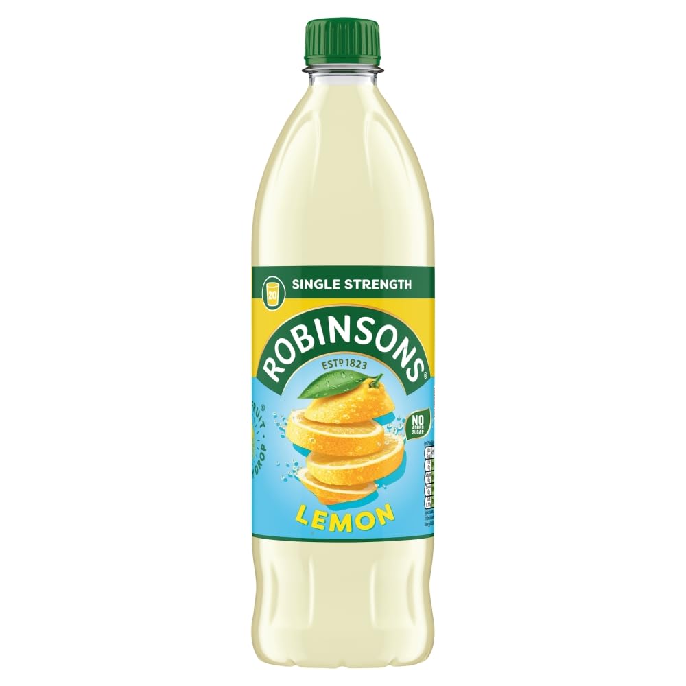Britvic Robinsons front bottle showing lemon squash label and easy-pour benefit