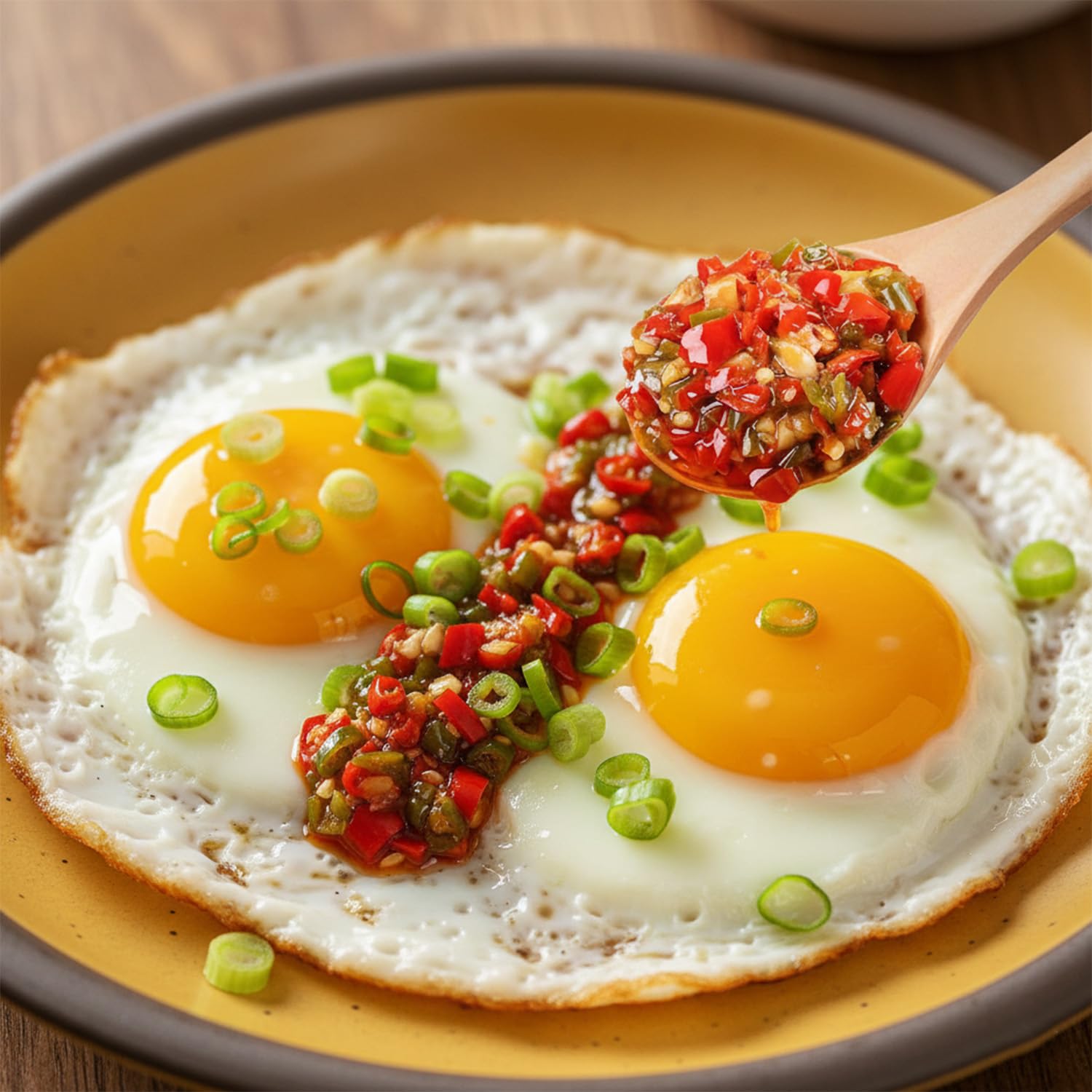 BRKIO used as a dumpling dip on a spoon offering intense finishing heat
