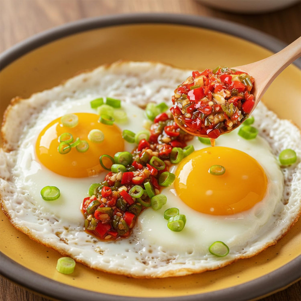 BRKIO used as a dumpling dip on a spoon offering intense finishing heat
