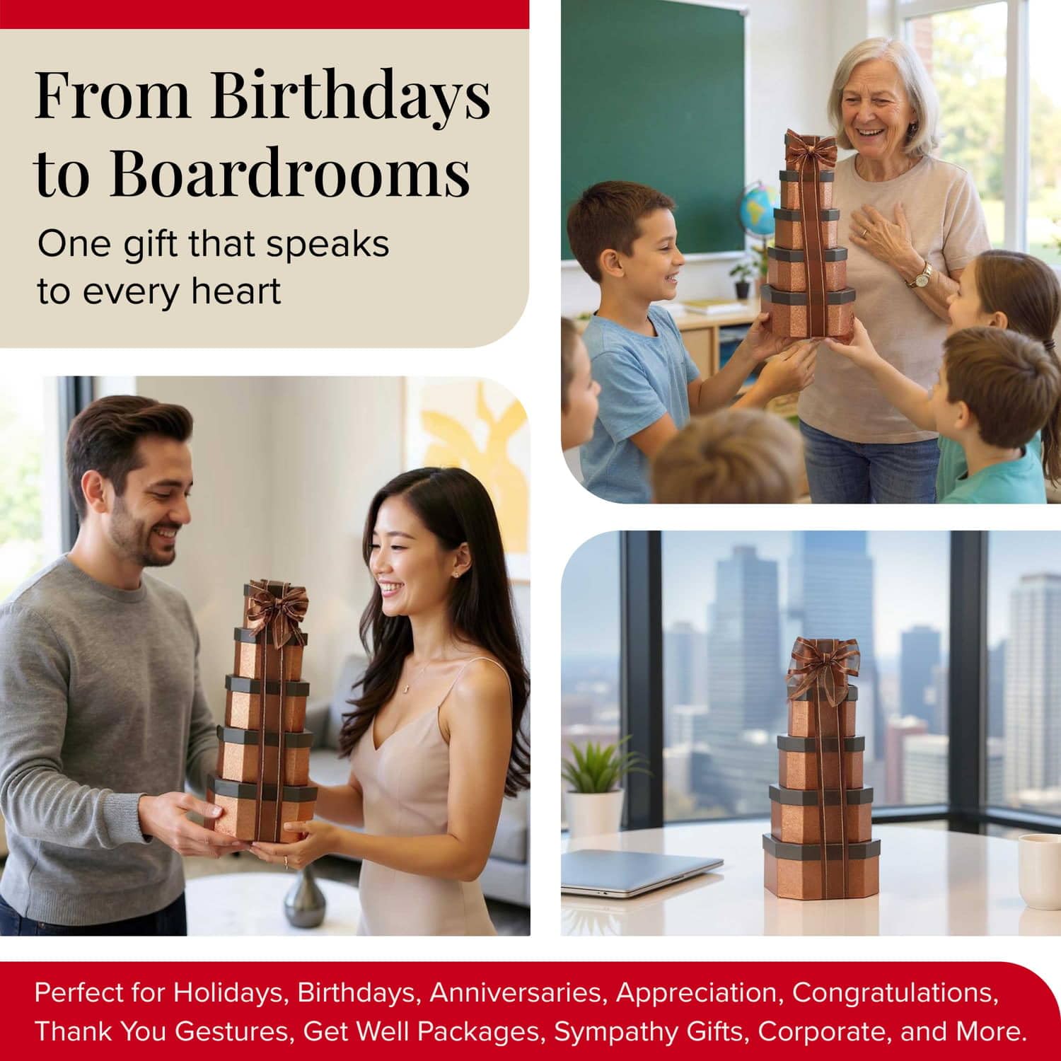 Broadway Basketeers gift tower on a bedside table conveying comfort during recovery
