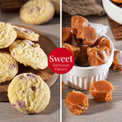 Broadway Basketeers overhead layout of assorted cookies, candy, nuts showing variety and portioning