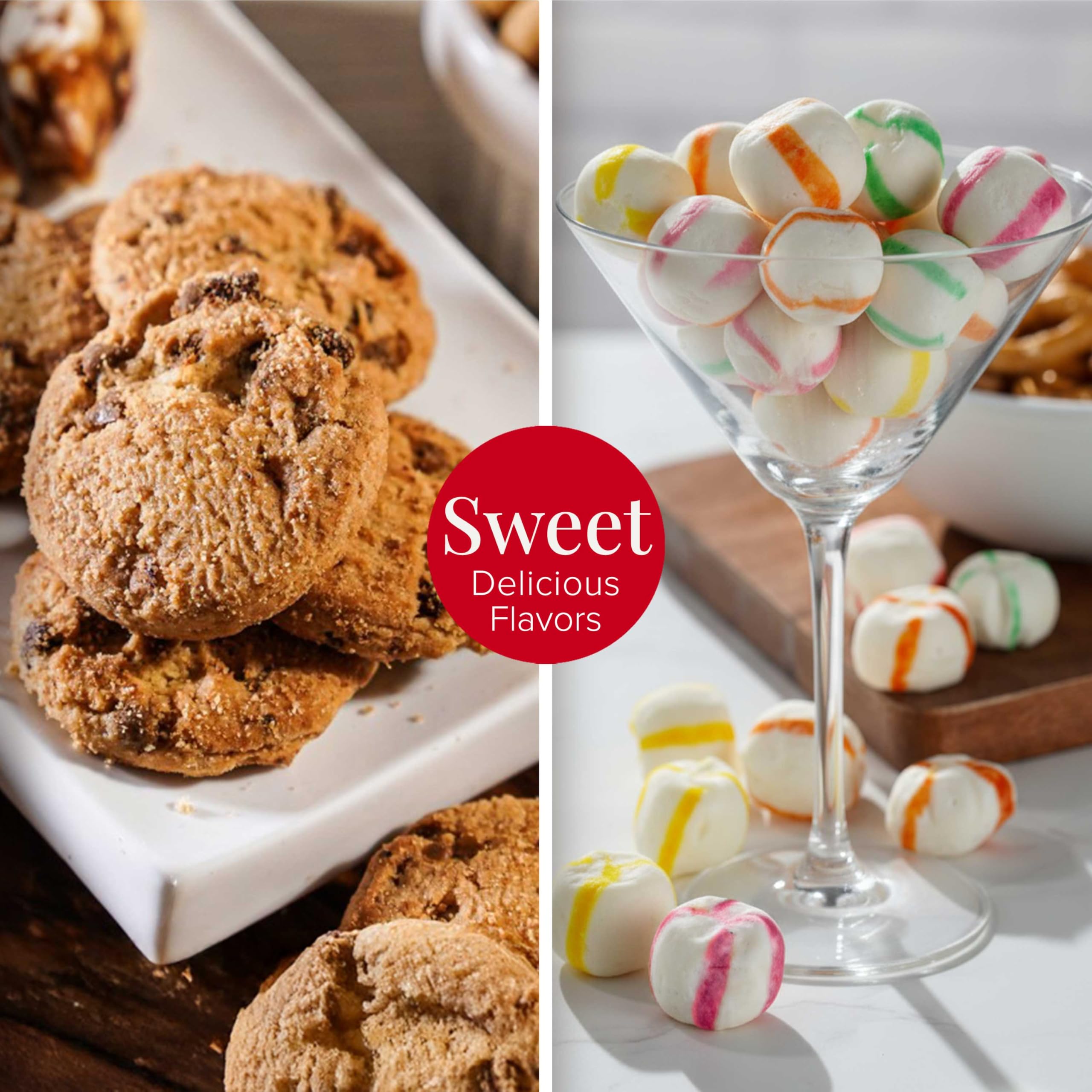 Broadway Basketeers contents spread flatlay showing variety of treats and sharing appeal benefit