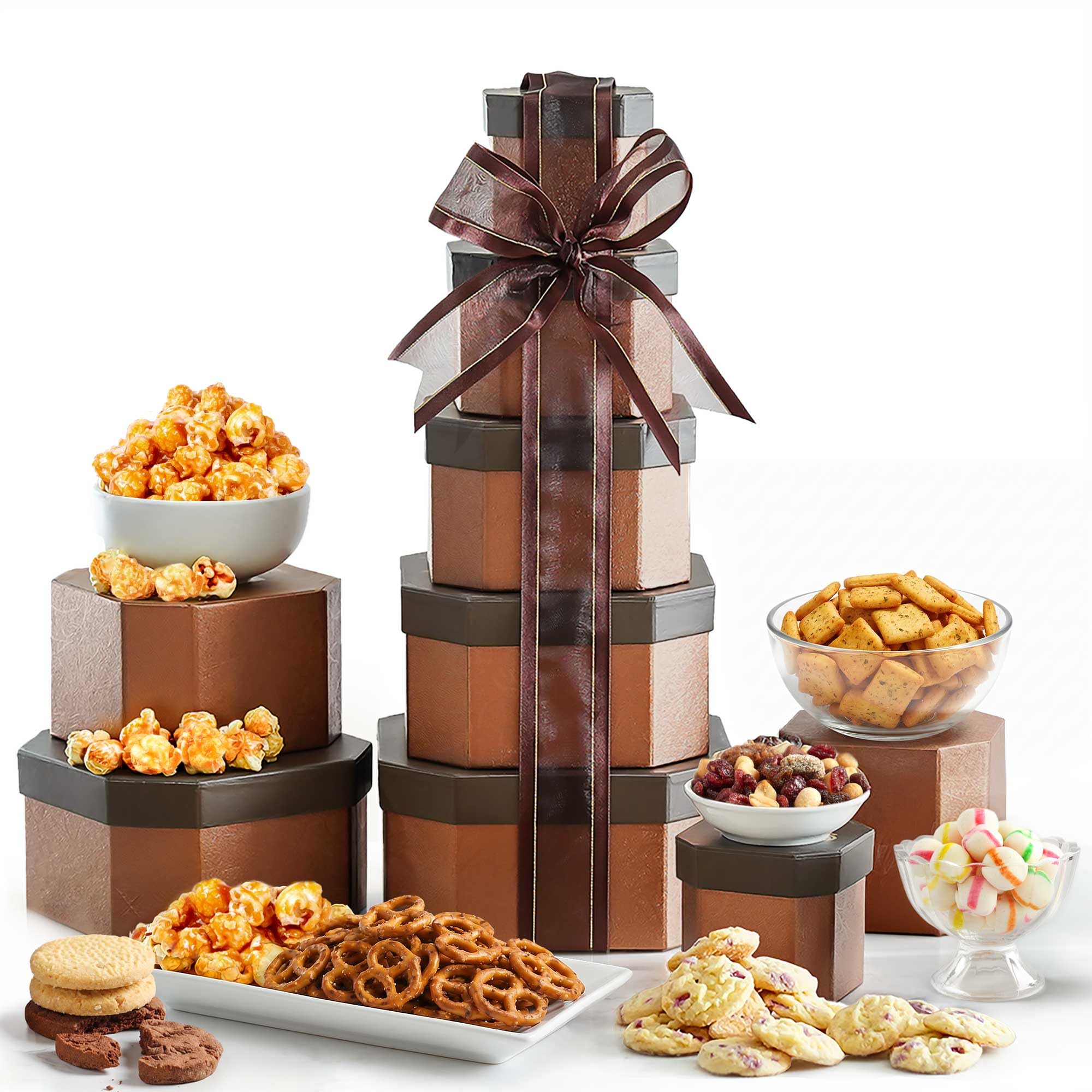 Broadway Basketeers front packaging showing elegant tower and instant gifting benefit