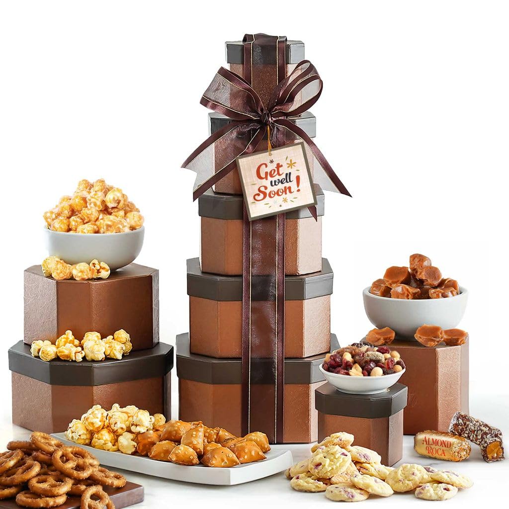 Broadway Basketeers front packaging showing tower and cheerful ribbon, perfect for gifting