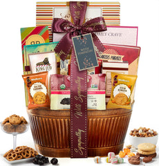 Broadway Basketeers front packaging showing ready-to-gift bow and tag benefits quick presentation