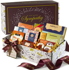 Broadway Basketeers front packaging showing elegant ribbon and respectful presentation benefit of ready gifting