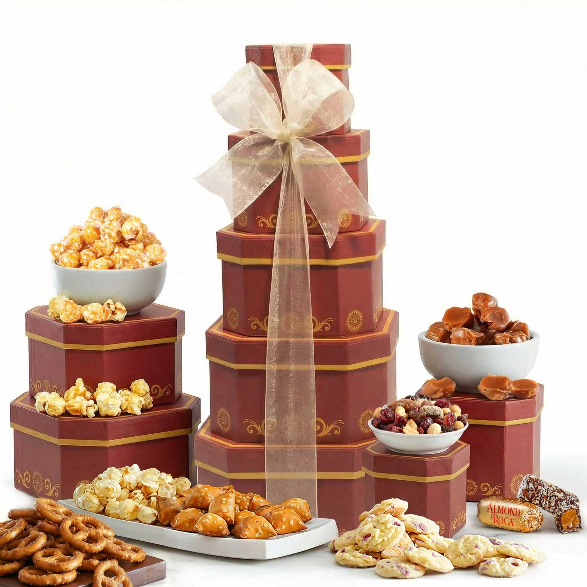 Broadway Basketeers front view of wicker tower showing polished presentation and ready-to-gift appeal