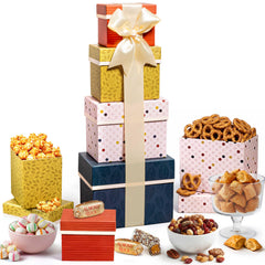 Broadway Basketeers front view of stacked gift tower showing elegant packaging and ready-to-gift presentation