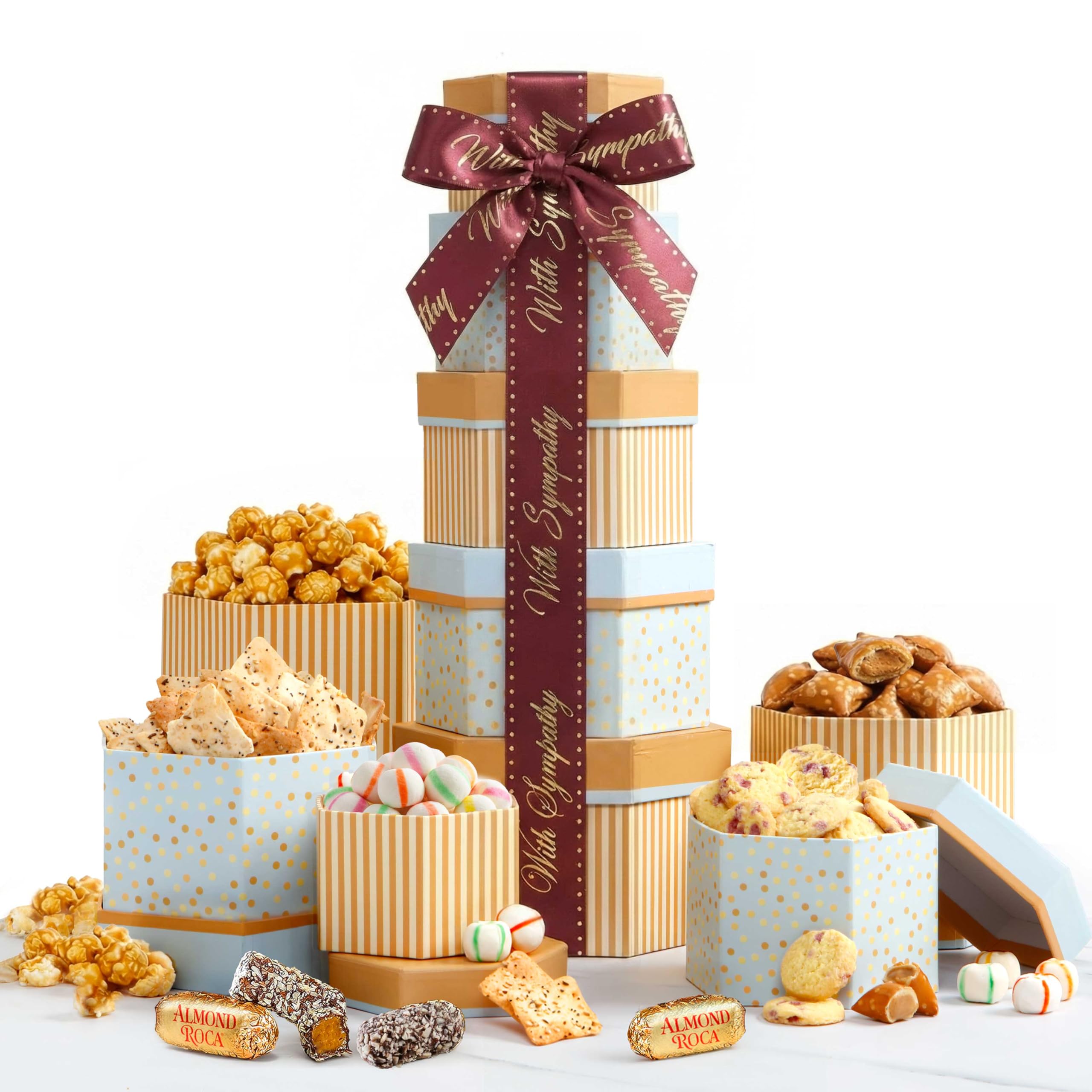 Broadway Basketeers front view of five-box sympathy tower, elegant ready-to-gift presentation