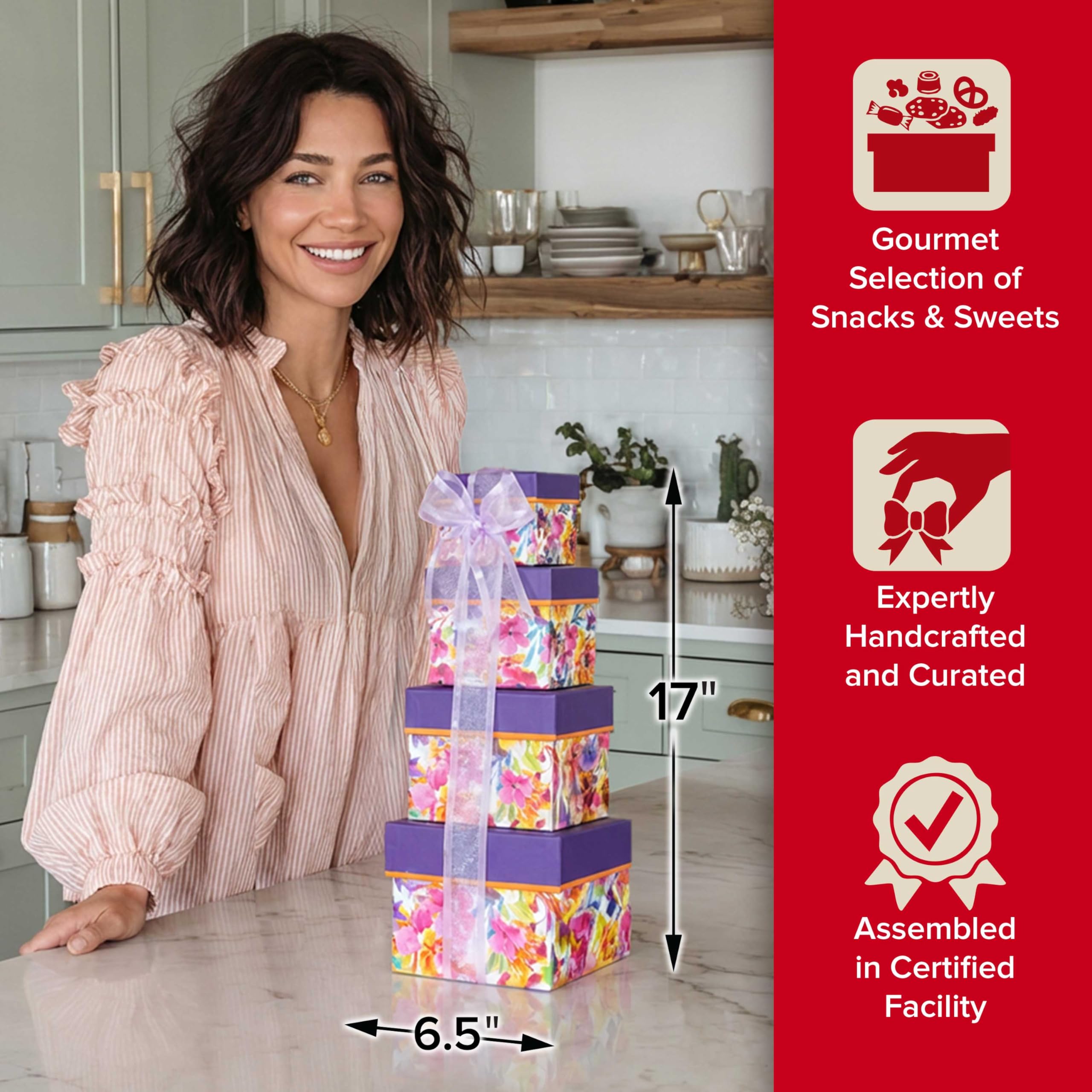 Broadway Basketeers gift tower presented in a gifting scene, ready for birthdays and thanks
