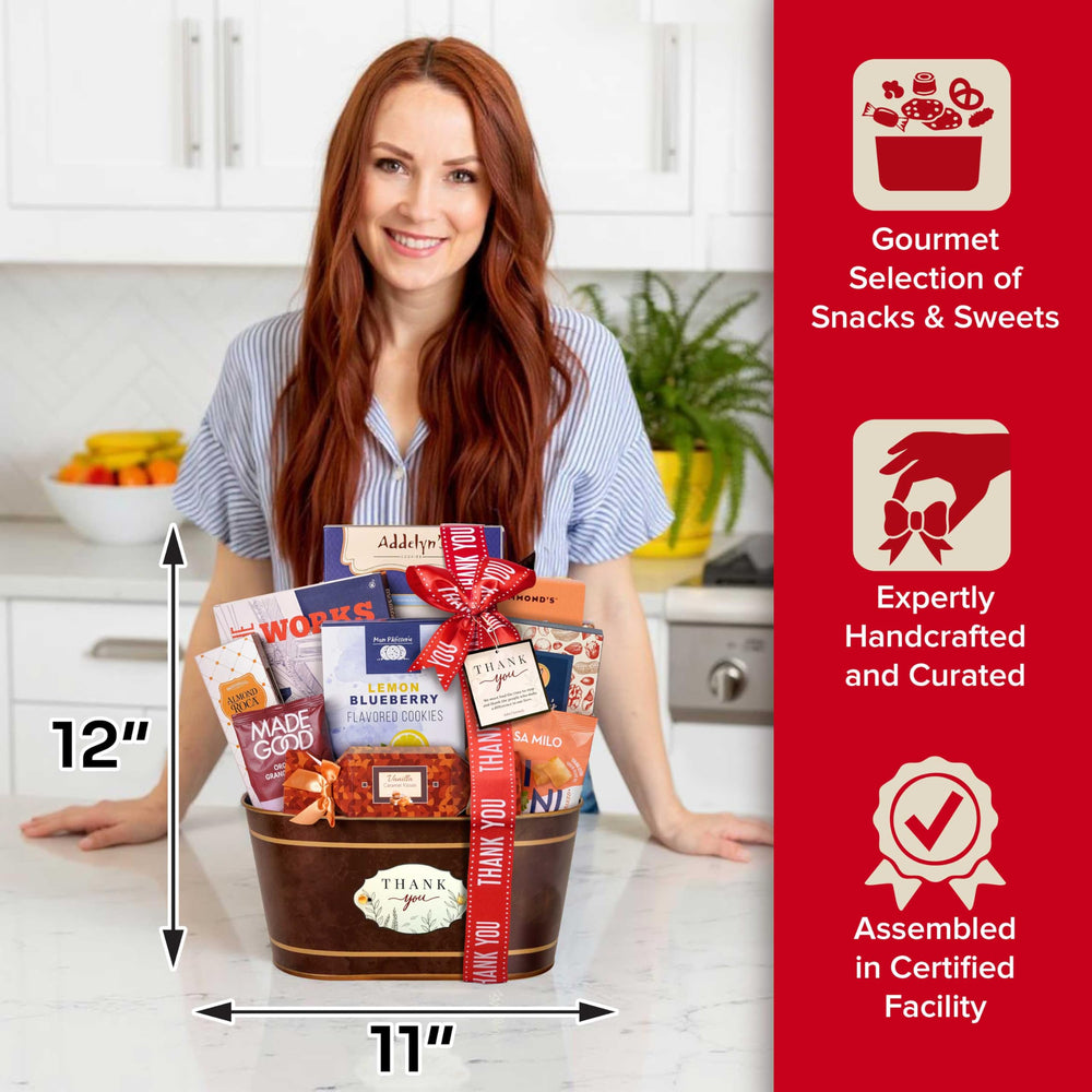Broadway Basketeers lifestyle shot on a table conveying celebration and polished gift impression