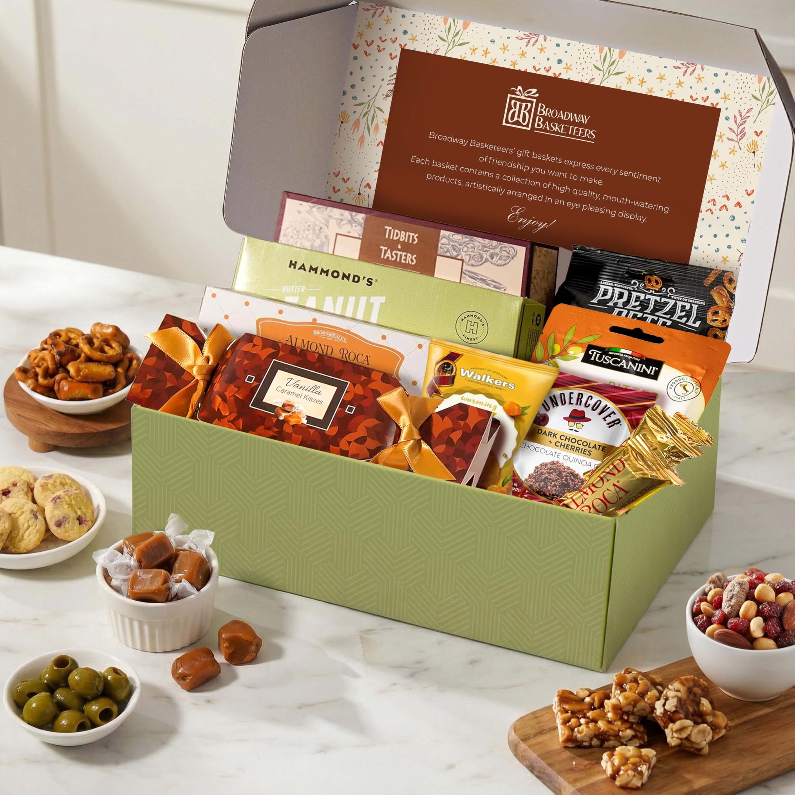 Broadway Basketeers open box overhead view displaying variety and freshness of contents