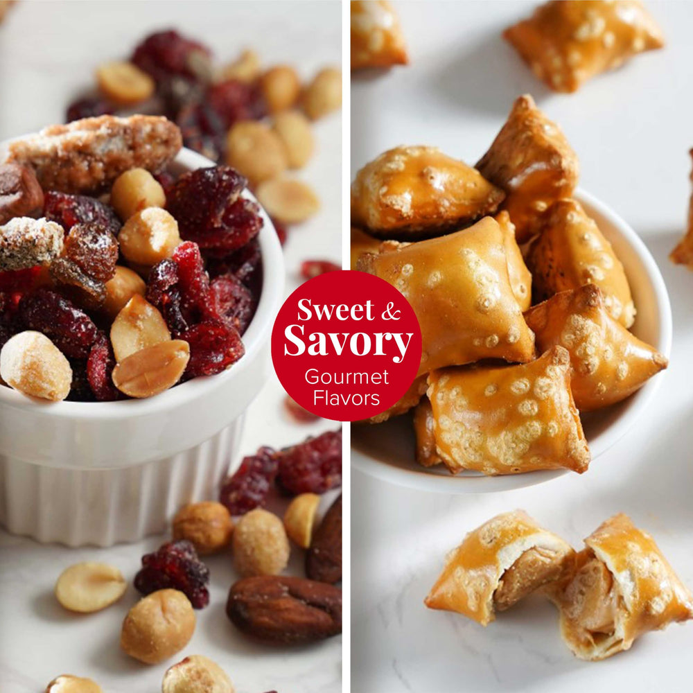 Broadway Basketeers pretzel and snack mix detail demonstrating savory contrast and premium ingredients