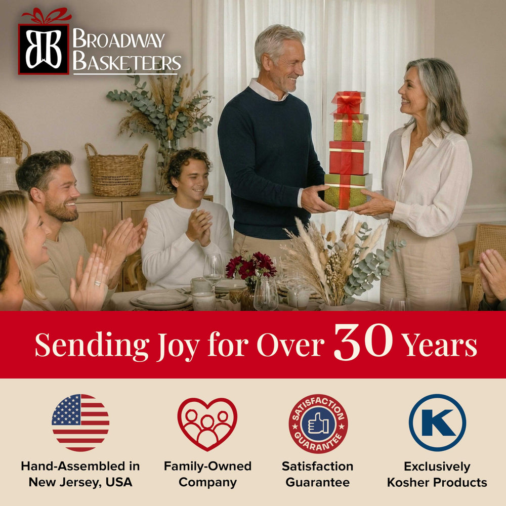 Broadway Basketeers tower beside hands for scale showing generous portion size