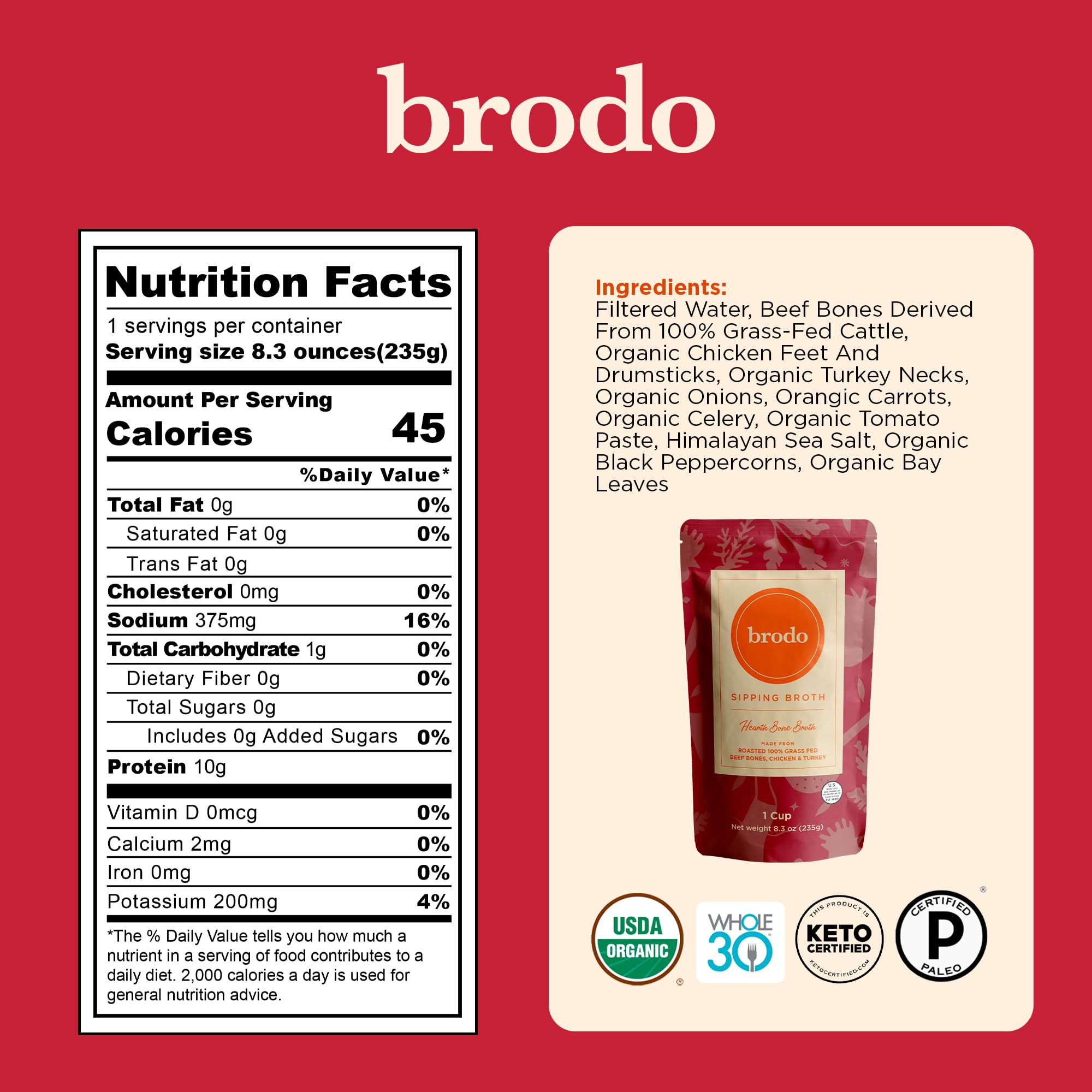 Brodo pouch label close-up emphasizing organic ingredients and quality