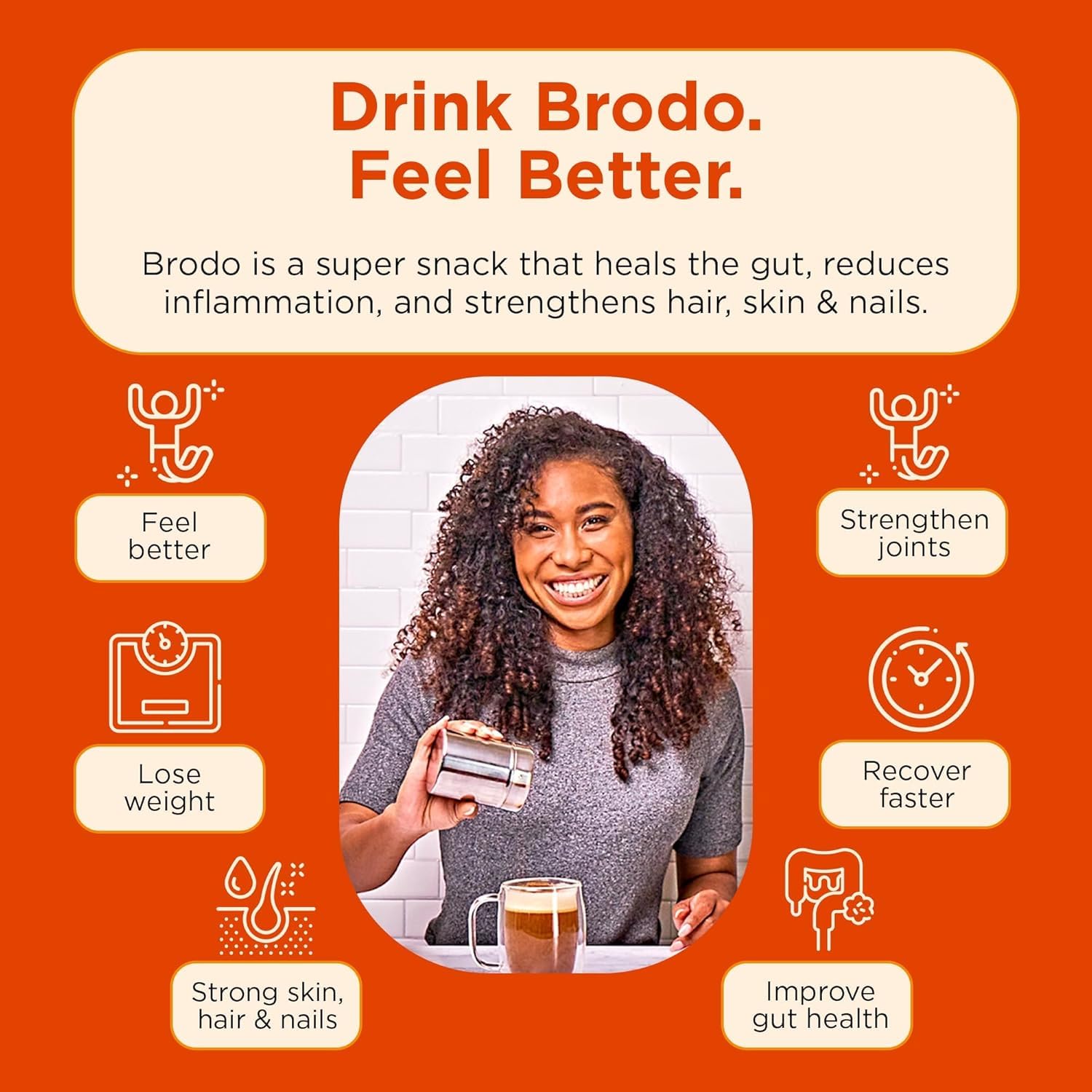 Brodo pouch beside a standard coffee cup to show single-serve portion size benefit