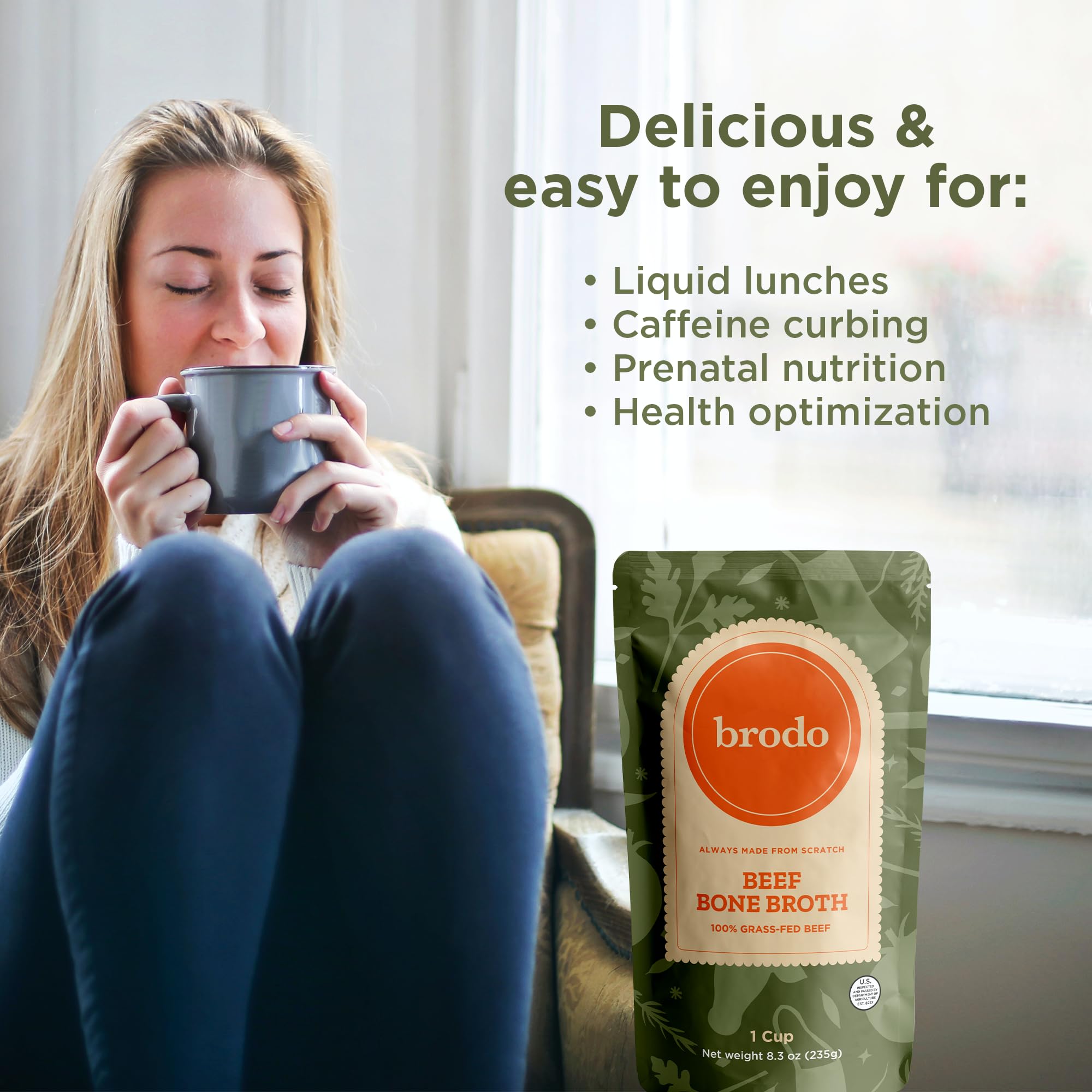 Brodo pouch beside a hand demonstrating 8.3 oz portion and portability