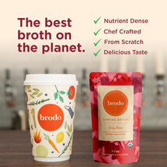 Brodo broth pouring from pouch to bowl, demonstrating rich color and savory depth