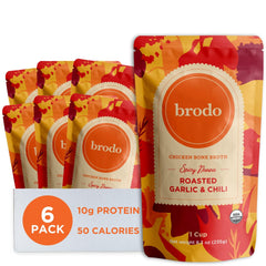 Brodo roasted garlic & chili front packaging showing pouch and branding for quick selection