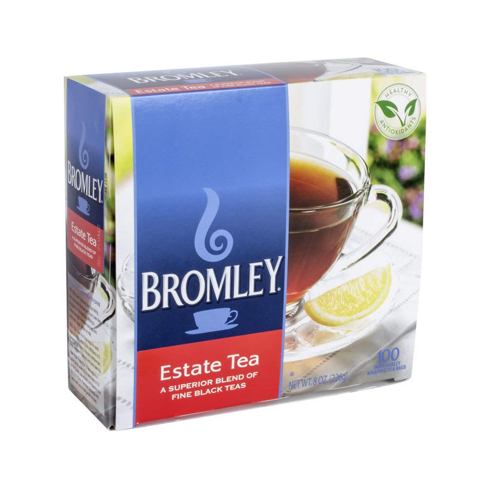 Bromley front packaging showing box and 100 tea bags for consistent brewing