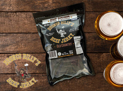 Bronco Billy's open bag with zip-top preserving jerky freshness