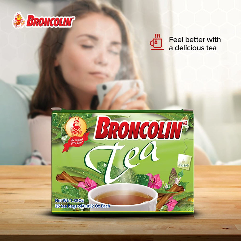 Broncolin box beside a mug to show size and 50 tea bag supply