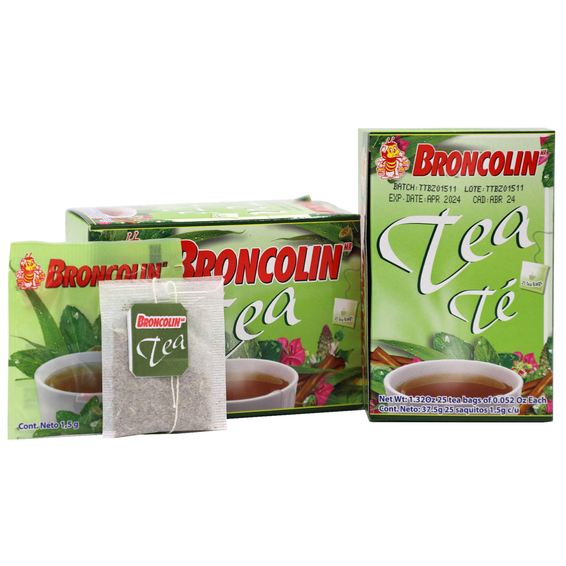 Broncolin tea bag close-up displaying blend texture and herbal components