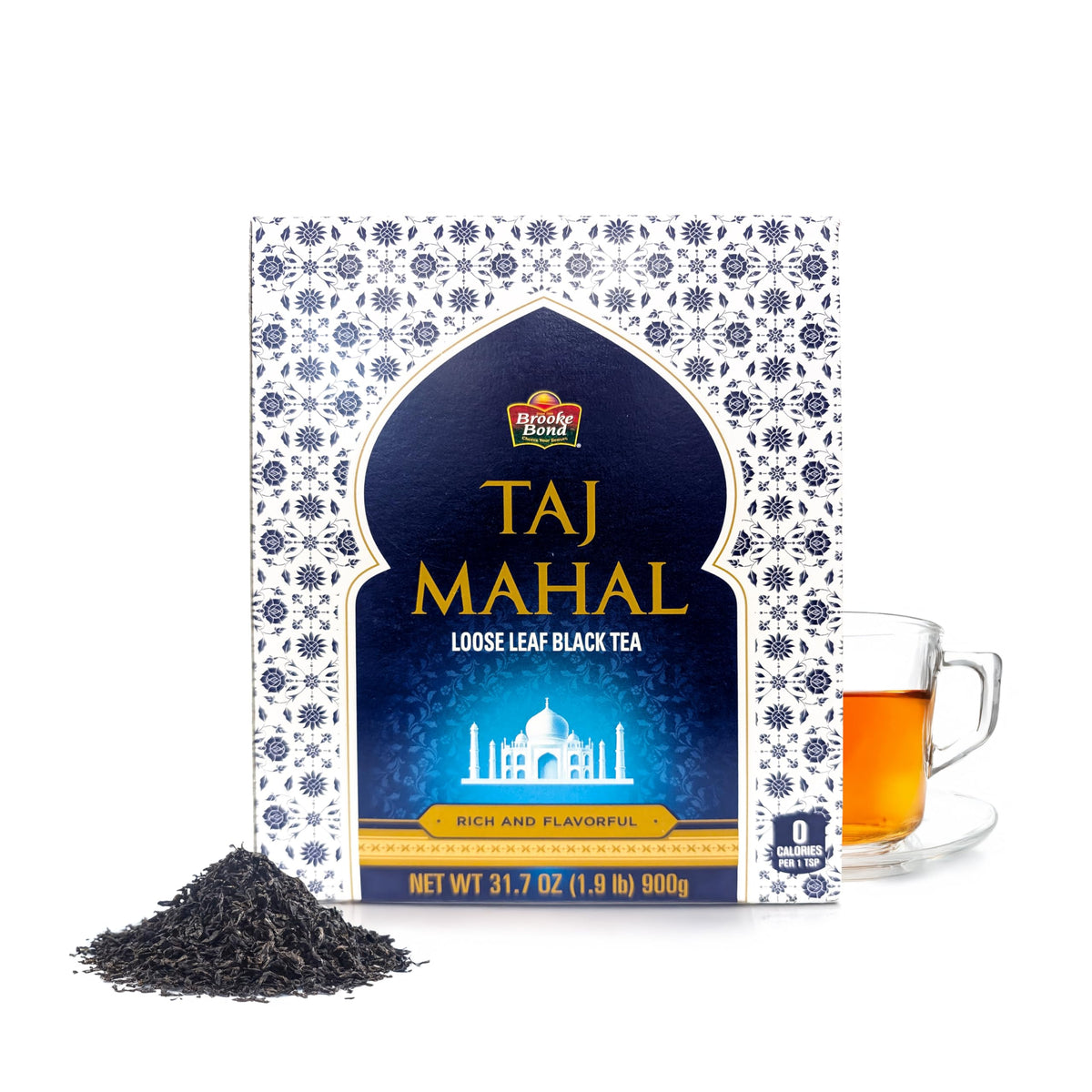 Brooke Bond Taj Mahal front packaging showing weight and premium label, clear storage benefit