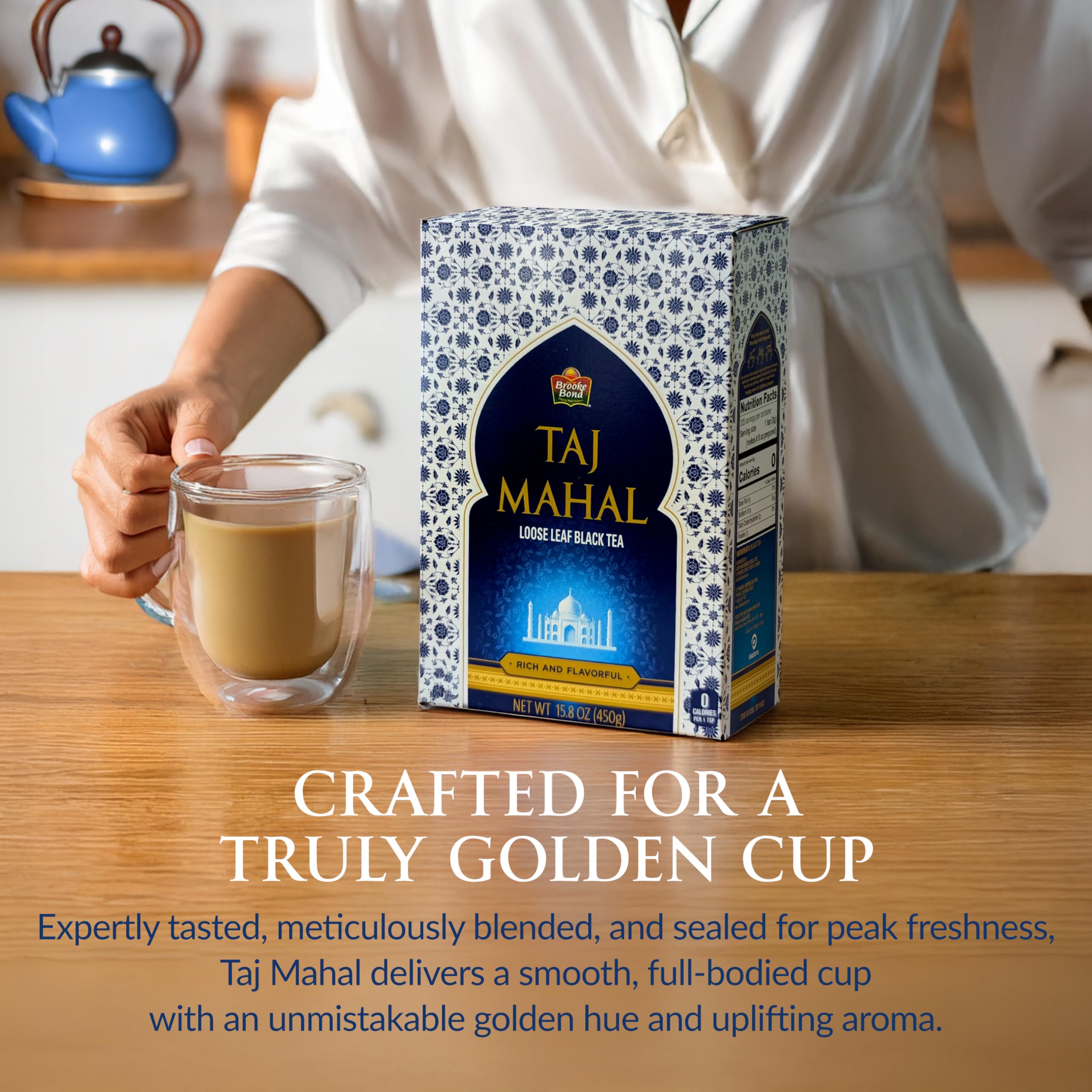 Brooke Bond Taj Mahal on serving tray at breakfast, suggesting everyday ritual and convenience