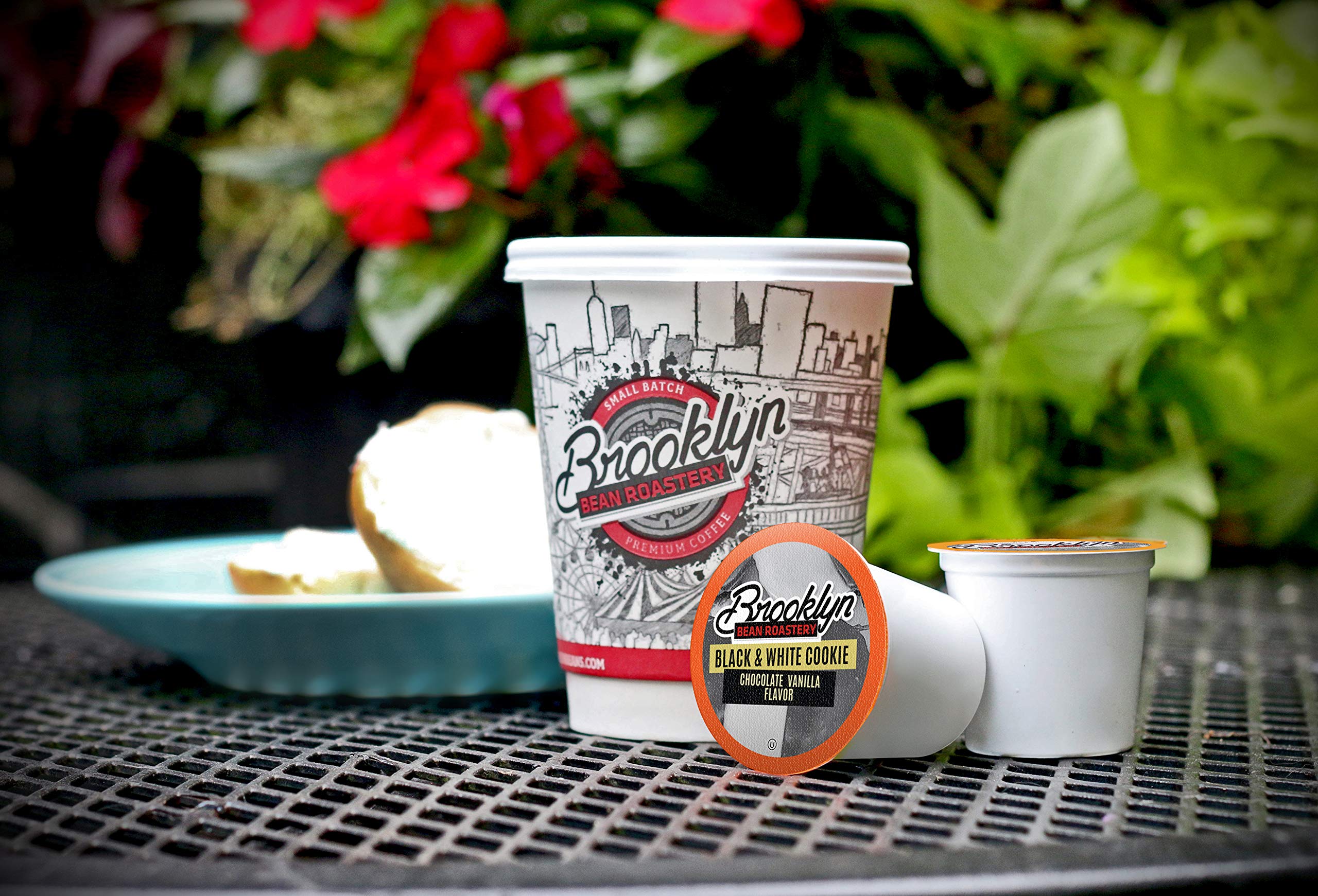 Brewed cup from Brooklyn Beans Black and White Cookie pods showcasing creamy color and dessert aroma