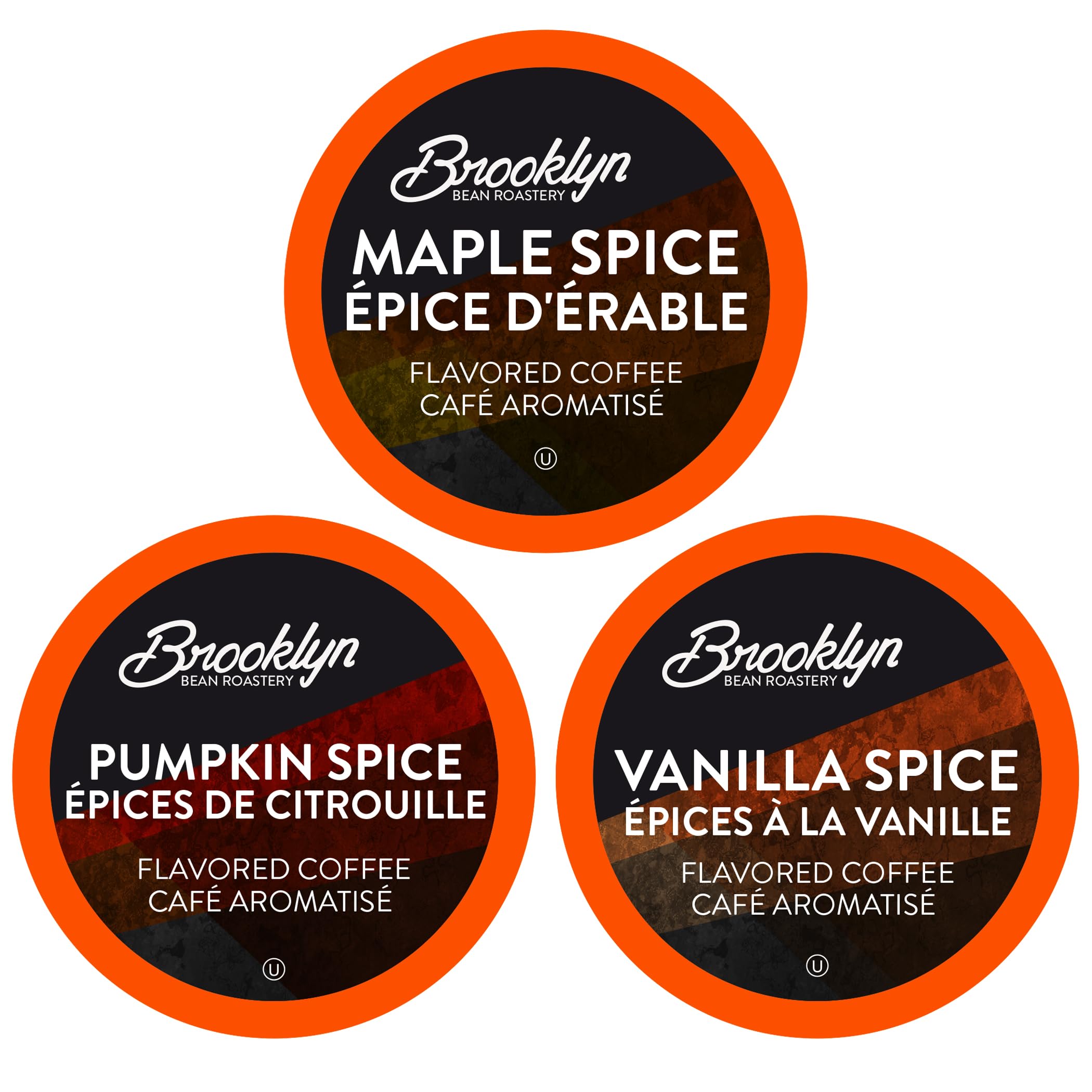 Brooklyn Beans front packaging showing three fall flavors and Keurig compatibility for easy brewing