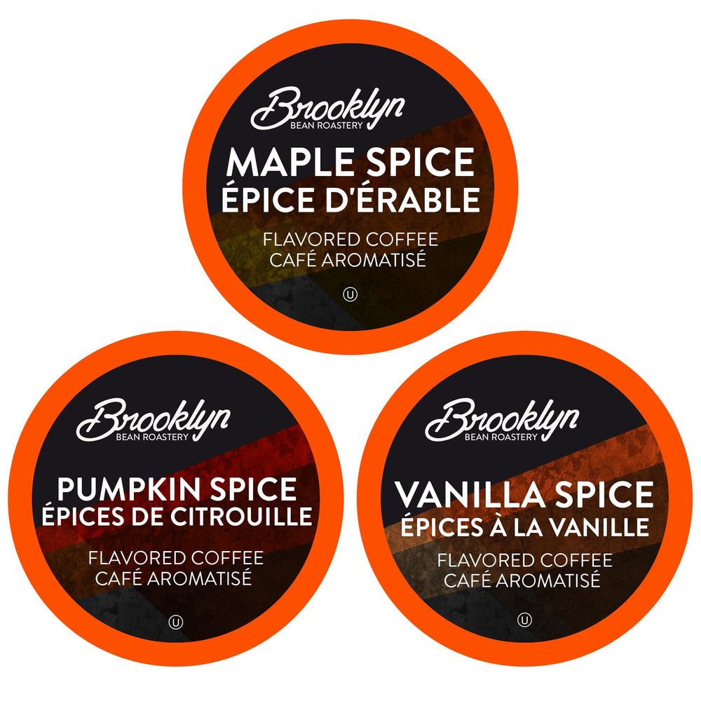 Brooklyn Beans front packaging showing three fall flavors and Keurig compatibility for easy brewing