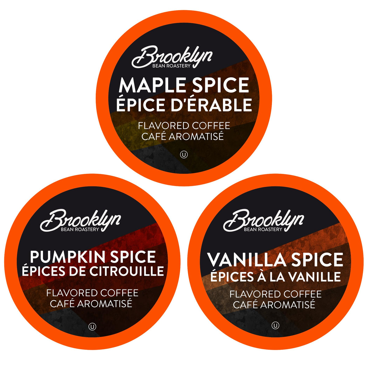 Brooklyn Beans front packaging showing three fall flavors and Keurig compatibility for easy brewing
