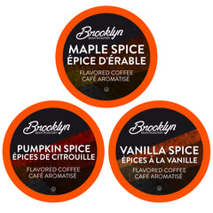 Brooklyn Beans front packaging showing three fall flavors and Keurig compatibility for easy brewing