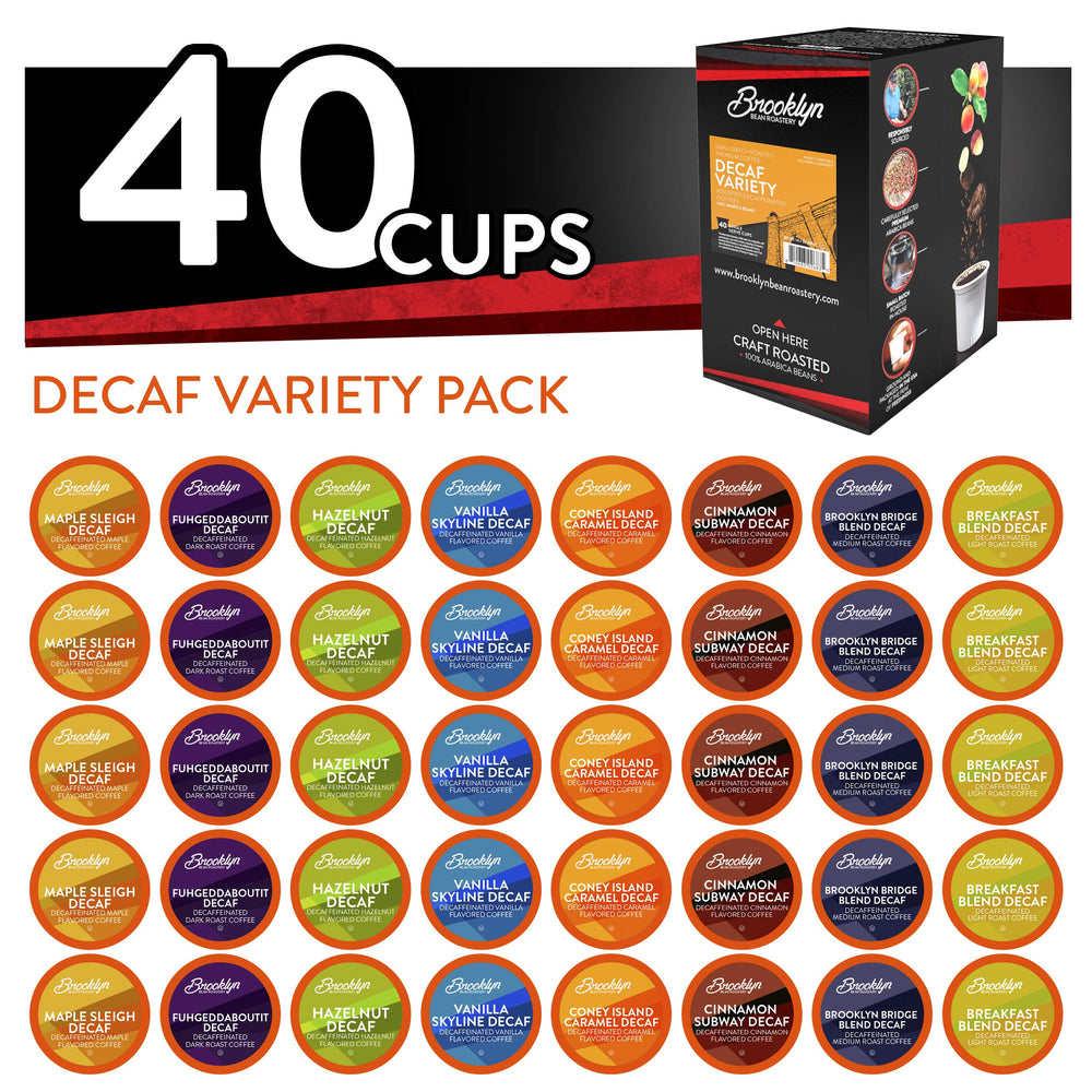 brooklyn beans front packaging showing 40-count decaf variety pack and convenience